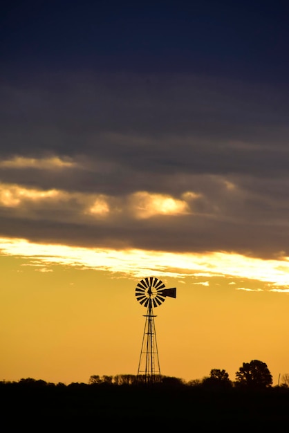 Landscape with windmill at sunset Pampas PatagoniaArgentina