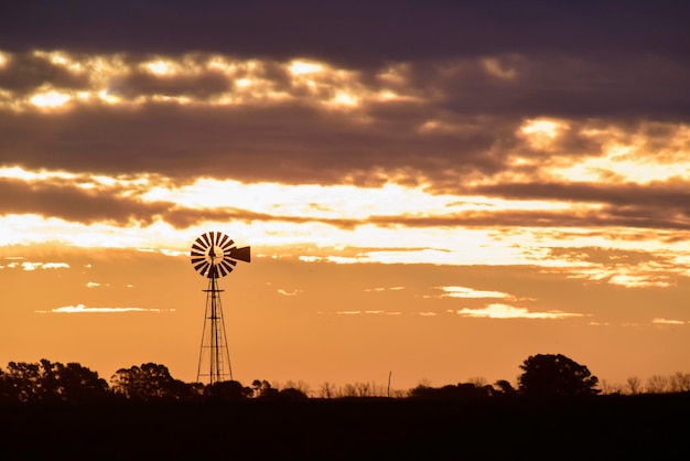 Landscape with windmill at sunset Pampas PatagoniaArgentina