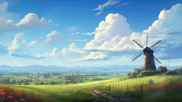 Photo a landscape with windmills and a field with a blue sky with clouds.