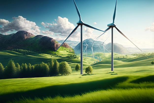 Landscape with windmills Renewable electricity technology Generative AI