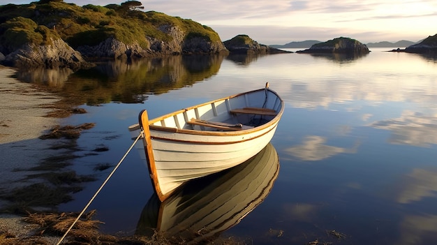 Landscape with wooden boat on mountain lake or sea bay idyllic view generative AI Beautiful scenery in summer Theme of vacation nature background stunning scene and calm