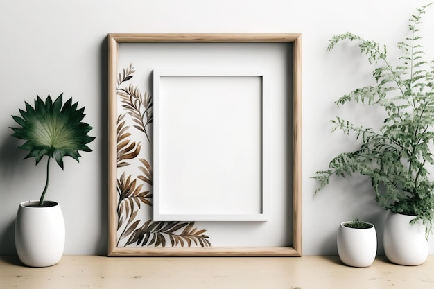 Landscape wooden frame mockup on white wall minimalistic interior with copy space for artwork photo painting or print presentation