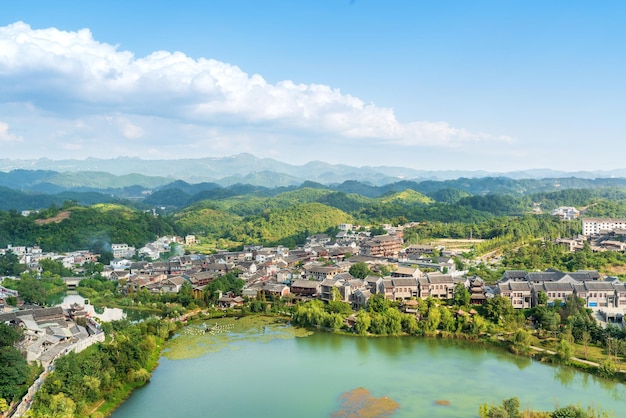 Landscape of Wuyuan County with Yellow oilseed rape field and Blooming canola flowers in spring. It nears Yellow Mountain. It's very quiet. People refer it to as the most beautiful village of China.