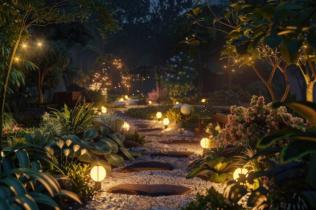 Landscaped Garden Illuminated at Night