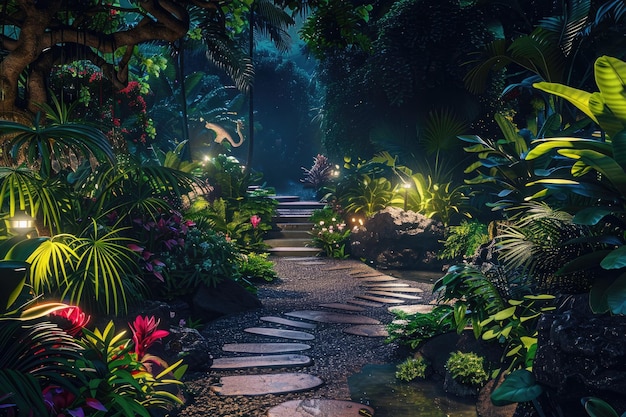 Landscaped Garden Illuminated at Night