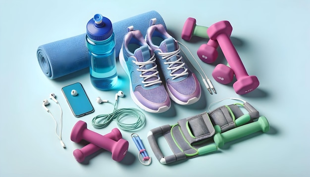 A landscapeoriented photorealistic image of fitness gear including purple sneakers pink dumbbell