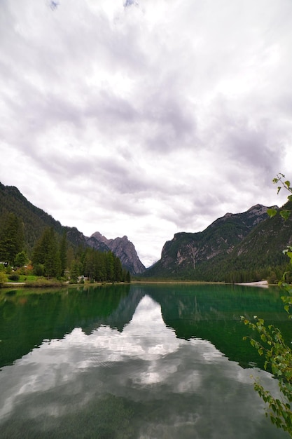 landscapes of mountains and lakes in the dolomitesitaly