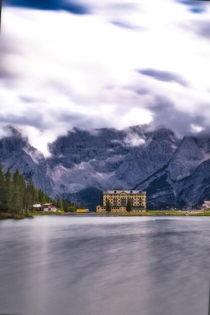 landscapes of mountains and lakes in the dolomitesitaly