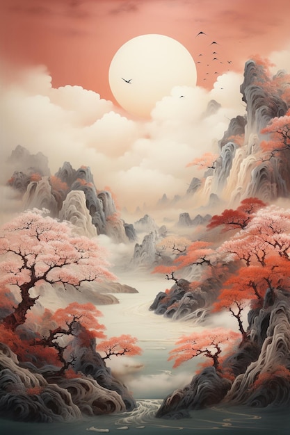 landscapes wallpaper of mountains and clouds in the style of orientinspired