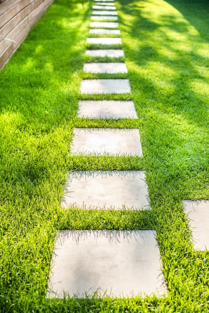 Landscaping of the garden with a path of individual palettes. stone squares on the lawn. summer, green grass, sun glare.