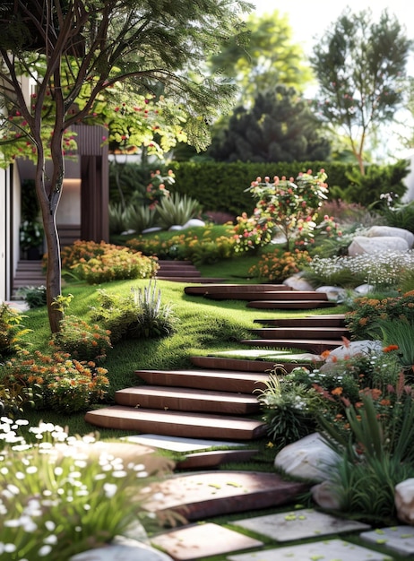 Landscaping ideas with stone steps and colorful plants