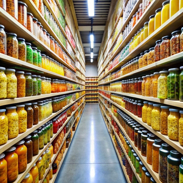 Lanes of shelves with goods products inside a supermarket Variety of preserves and pasta Shelves full and tidy