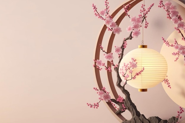 lantern 3d realistic with cherry blosom chinesee background