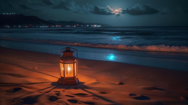 A lantern on the beach at night