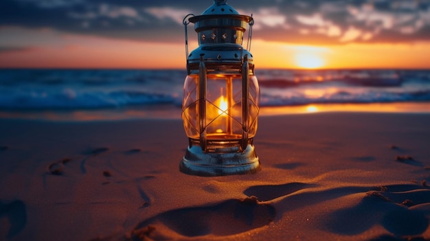 A lantern on the beach at sunset Generative AI