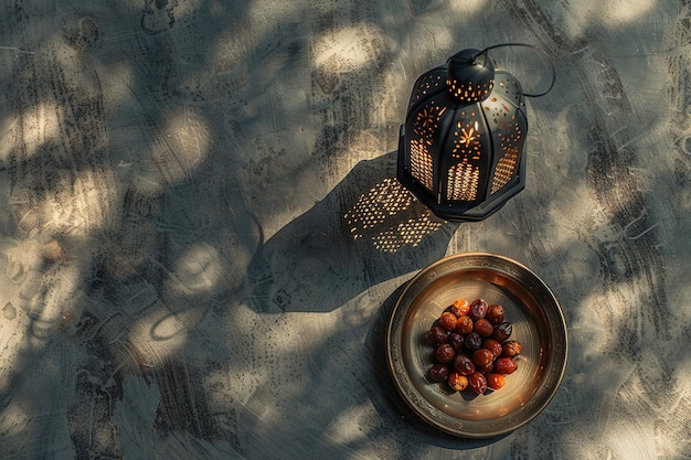 Lantern casting intricate shadows beside a plate of dates Copy space