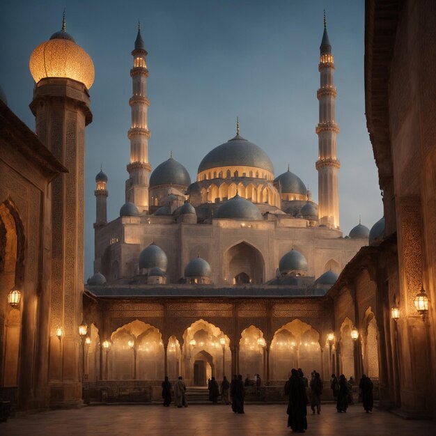 the lantern casts its warm light it reveals a majestic mosque in the distance