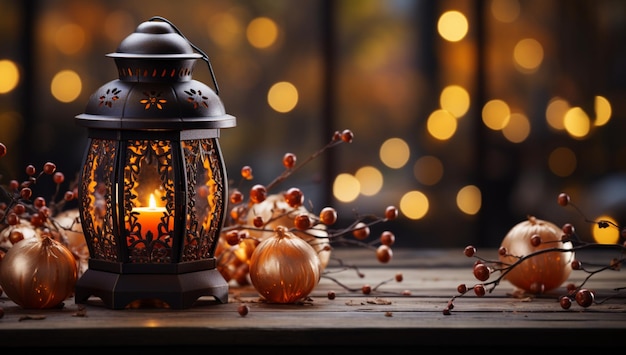 Lantern And Christmas Tree Glowing On Table With Decoration And String Lights