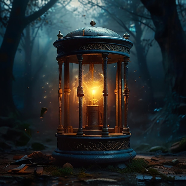 a lantern in a dark forest with a light in the middle