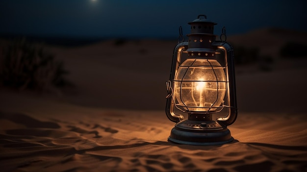 A lantern in the desert at night