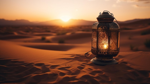 A lantern in the desert at sunset