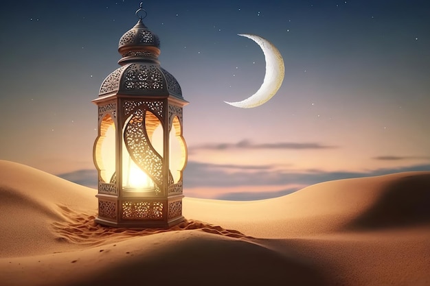 A lantern in the desert with a crescent moon in the background