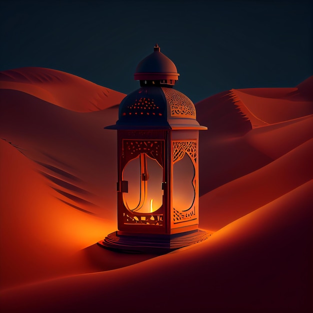 A lantern in the desert with the light on