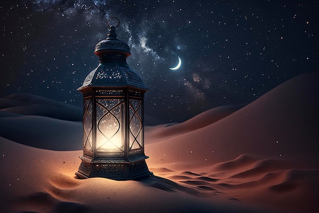 A lantern in the desert with the moon in the background