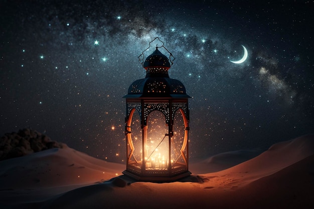 A lantern in the desert with the moon in the background