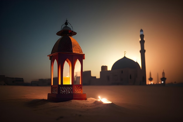 A lantern in the desert with the silhouette of a mosque in the background