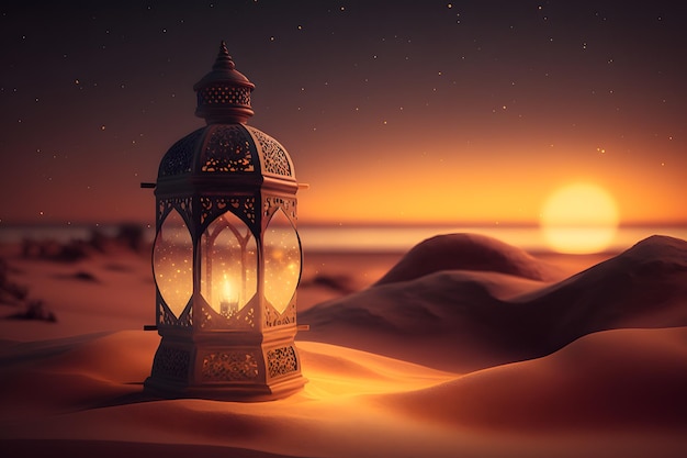 A lantern in the desert with the sun setting behind it