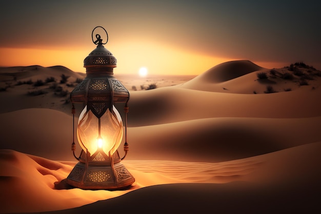 A lantern in the desert with the sun setting behind it