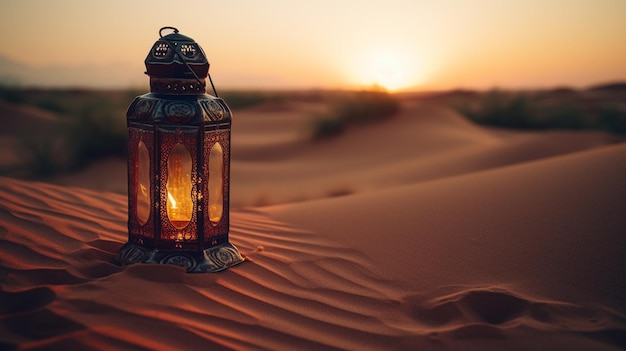 A lantern in the desert with the sun setting behind it