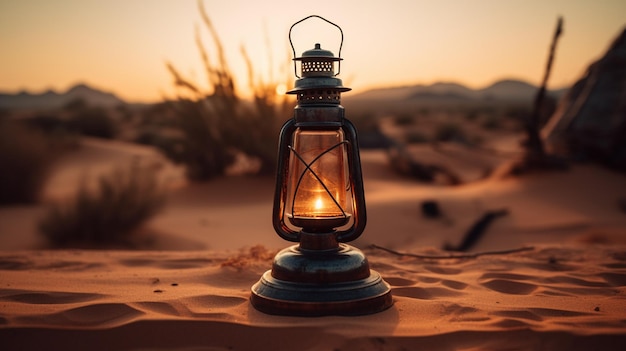 A lantern in the desert with the sun shining through the desert