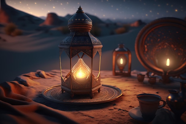 A lantern in the desert with the words eid al - fitr on the bottom.