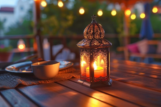 A lantern emits a warm glow beside a cup and saucer on a table evoking Ramadans reflective ambiance