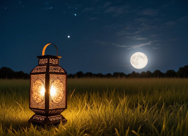 Photo a lantern in a field of grass with the moon in the background