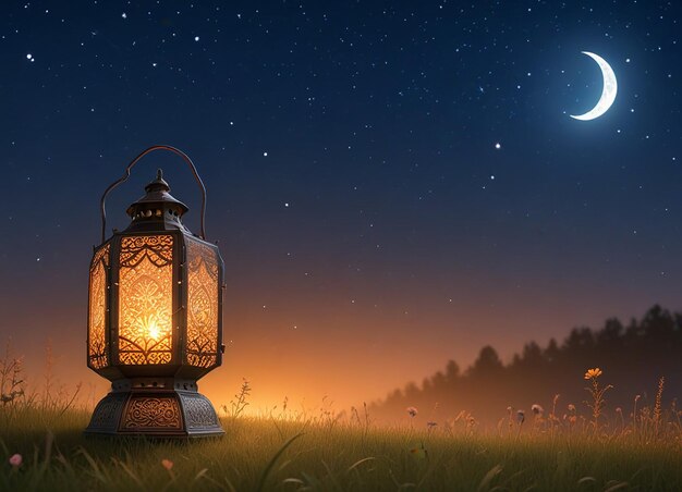 a lantern in a field with a moon and stars in the sky