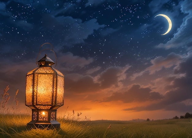 a lantern in a field with a moon and stars in the sky