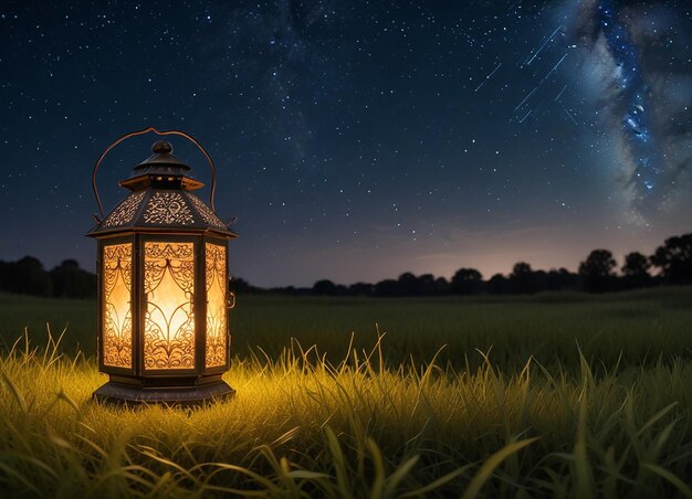 a lantern in a field with the night sky behind it