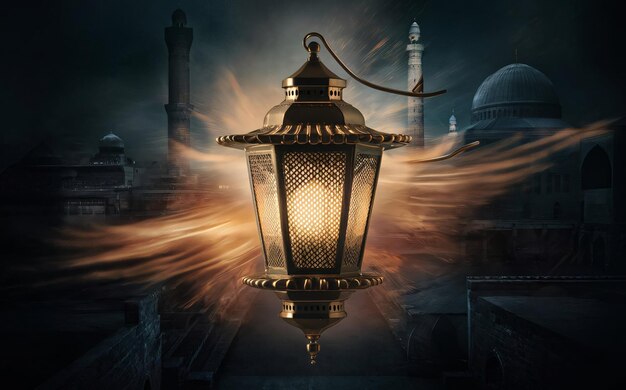 a lantern in front of a mosque with a burning flame in the background