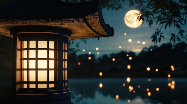 Photo lantern in the garden at night with full moon in the background