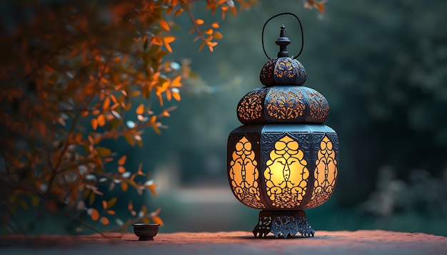 Lantern in the garden Ramadan Kareem greeting card Islamic background