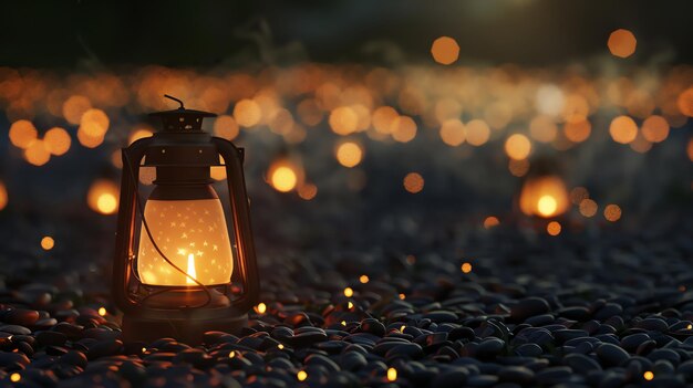 Photo a lantern glowing in the dark with bokeh lights in the background