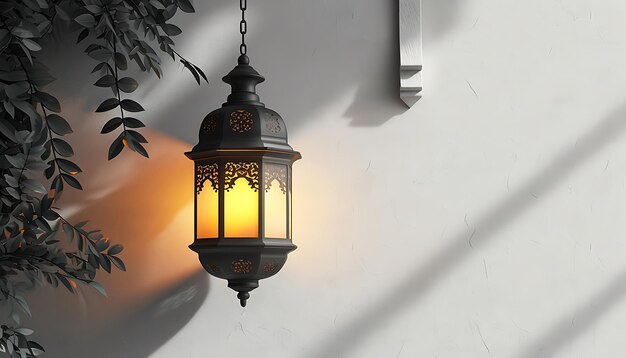 Lantern hanging on the bushes on the side of the wall Islamic background Ramadan background