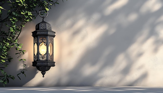 Lantern hanging on the bushes on the side of the wall Islamic background Ramadan background