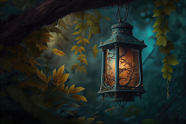 Lantern hanging from tree branch surrounded by lush greenery