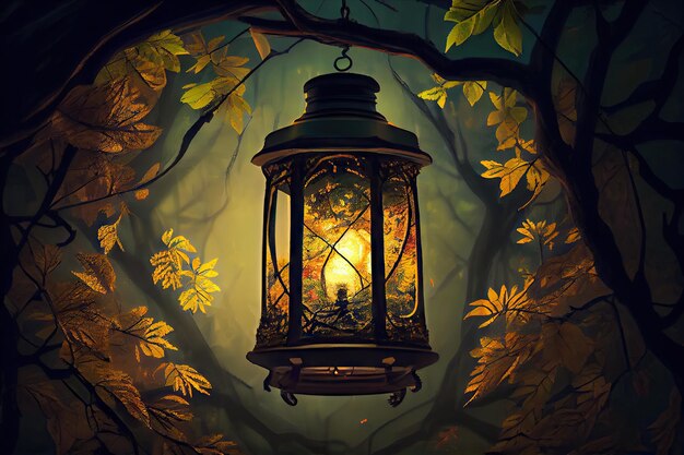 Lantern hanging from tree branch surrounded by lush greenery