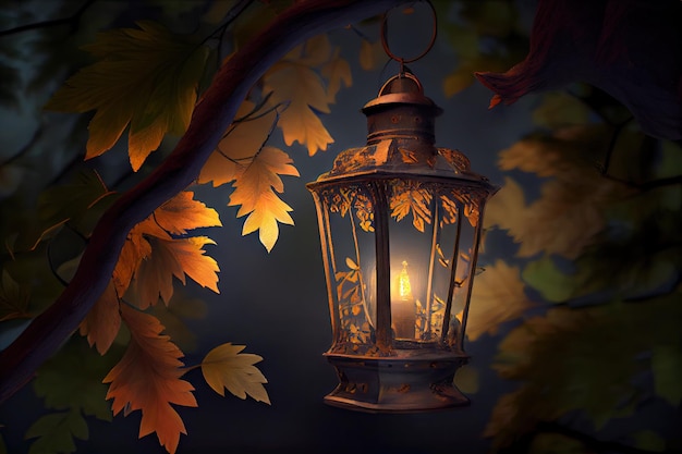 Lantern hanging from tree branch with the lantern light shining through the foliage