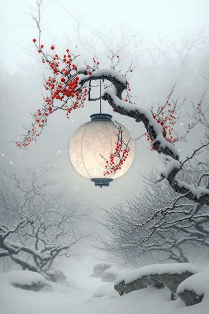 Lantern hanging from a tree covered in snow generative ai